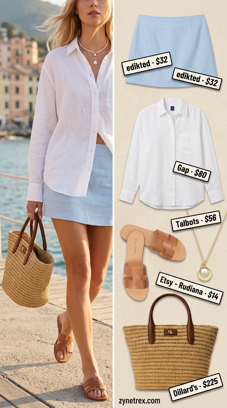 Cute Mini Skirt Outfits Summer 2026: Coastal Casual Cute mini skirt outfit summer 2026: Sky blue linen skirt, white linen shirt, and leather slides for coastal casual.