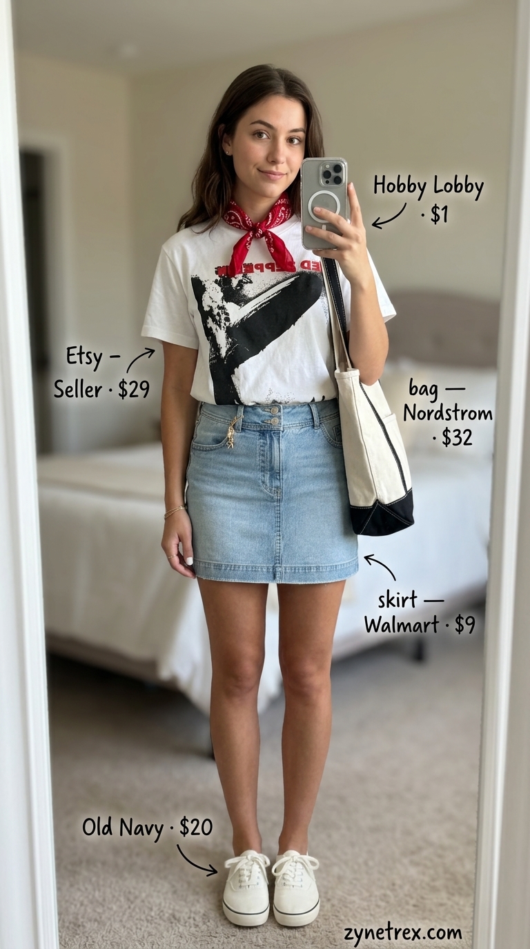 Cute Mini Skirt Outfits Summer 2026: Denim Skirt Cute mini skirt outfits summer 2026: Denim A-line skirt with graphic tee and sneakers for casual cool.