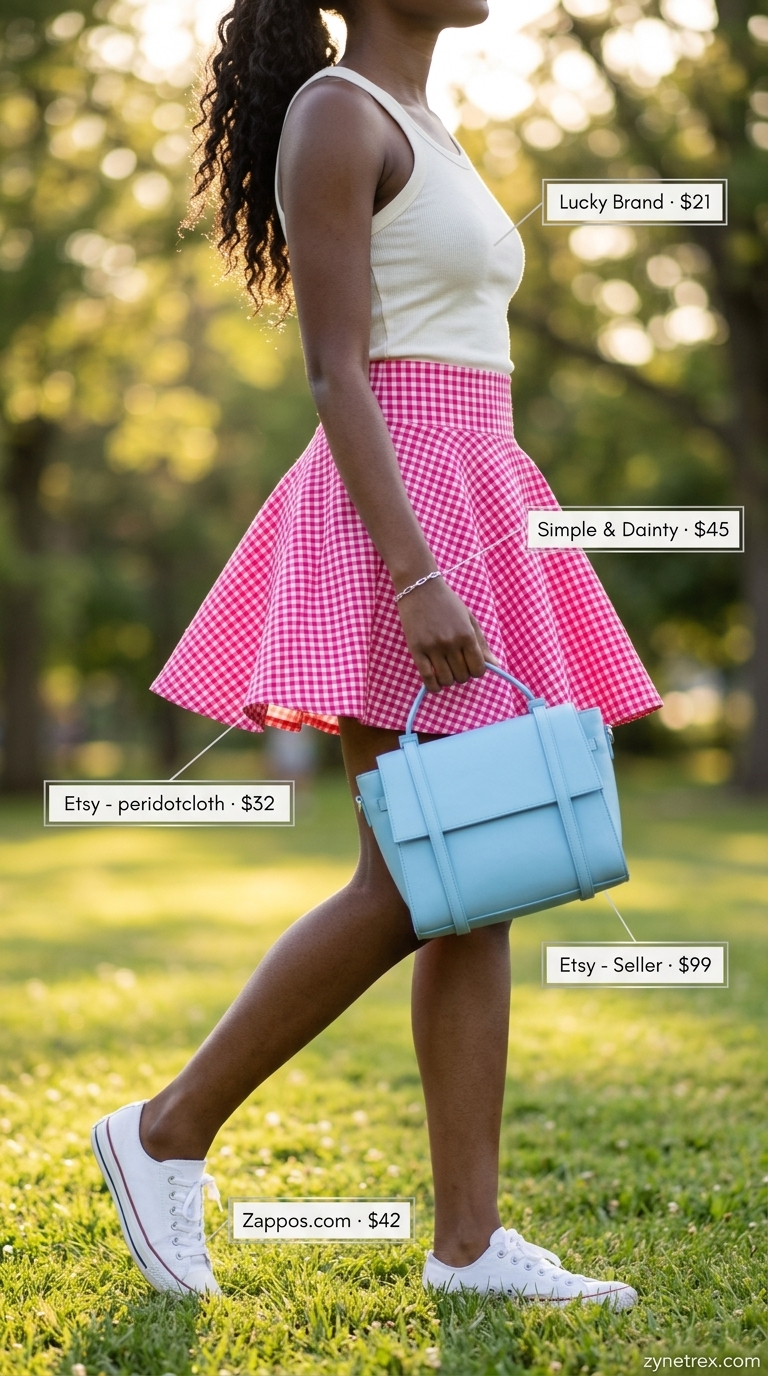 Cute Mini Skirt Outfits Summer 2026: Picnic Style Cute mini skirt outfits summer 2026: Pastel pink gingham skirt with white tank and sneakers for picnic.
