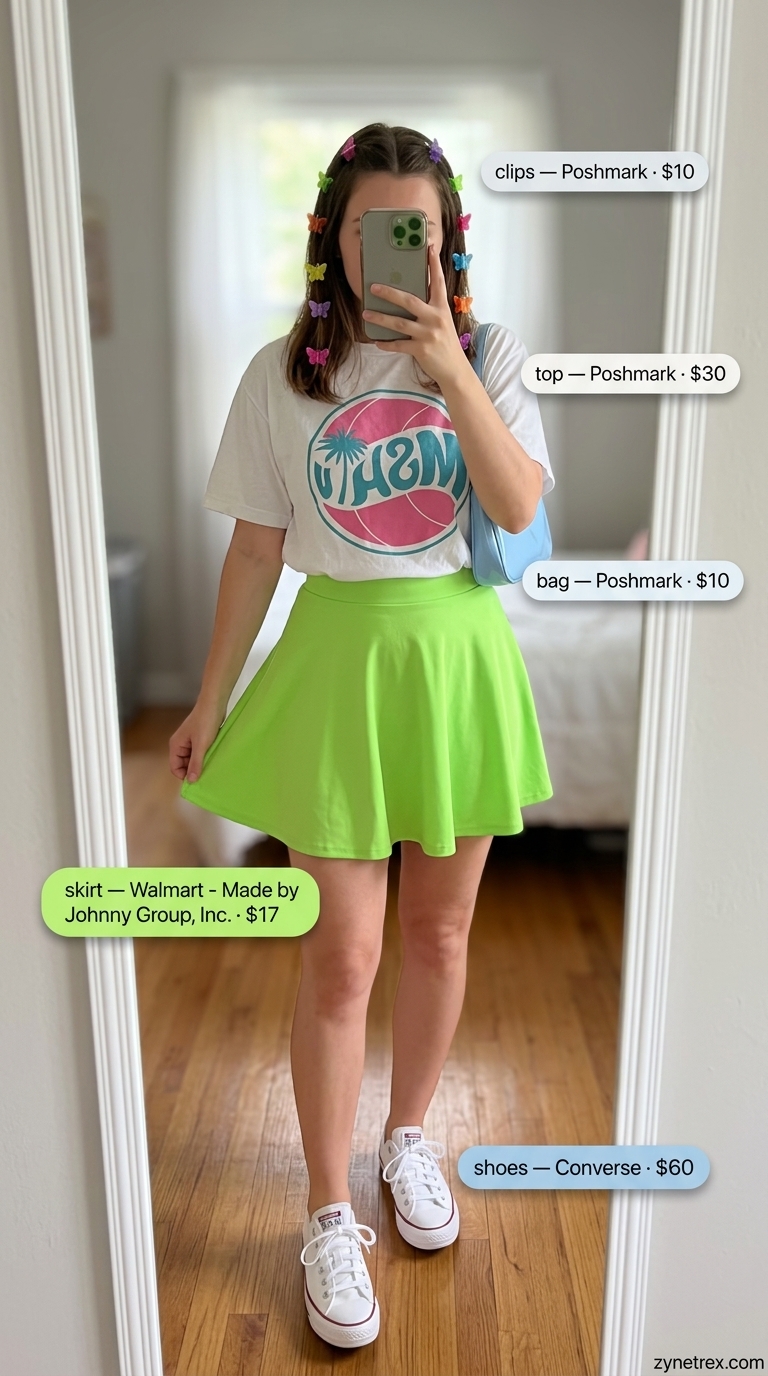 Cute Mini Skirt Outfits Summer 2026: Retro Lime Mini Cute mini skirt outfits summer 2026: Lime green micro mini skirt with graphic tee, sneakers, and baguette bag for Y2K vibes.