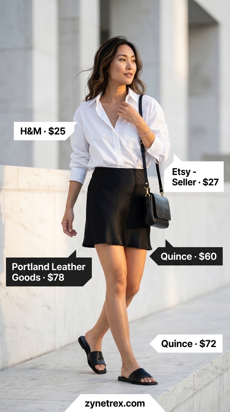 Cute Mini Skirt Outfits Summer 2026: Minimalist Chic Cute mini skirt outfits summer 2026: Black satin slip skirt with white oversized shirt, silver jewelry & black slides for casual chic.