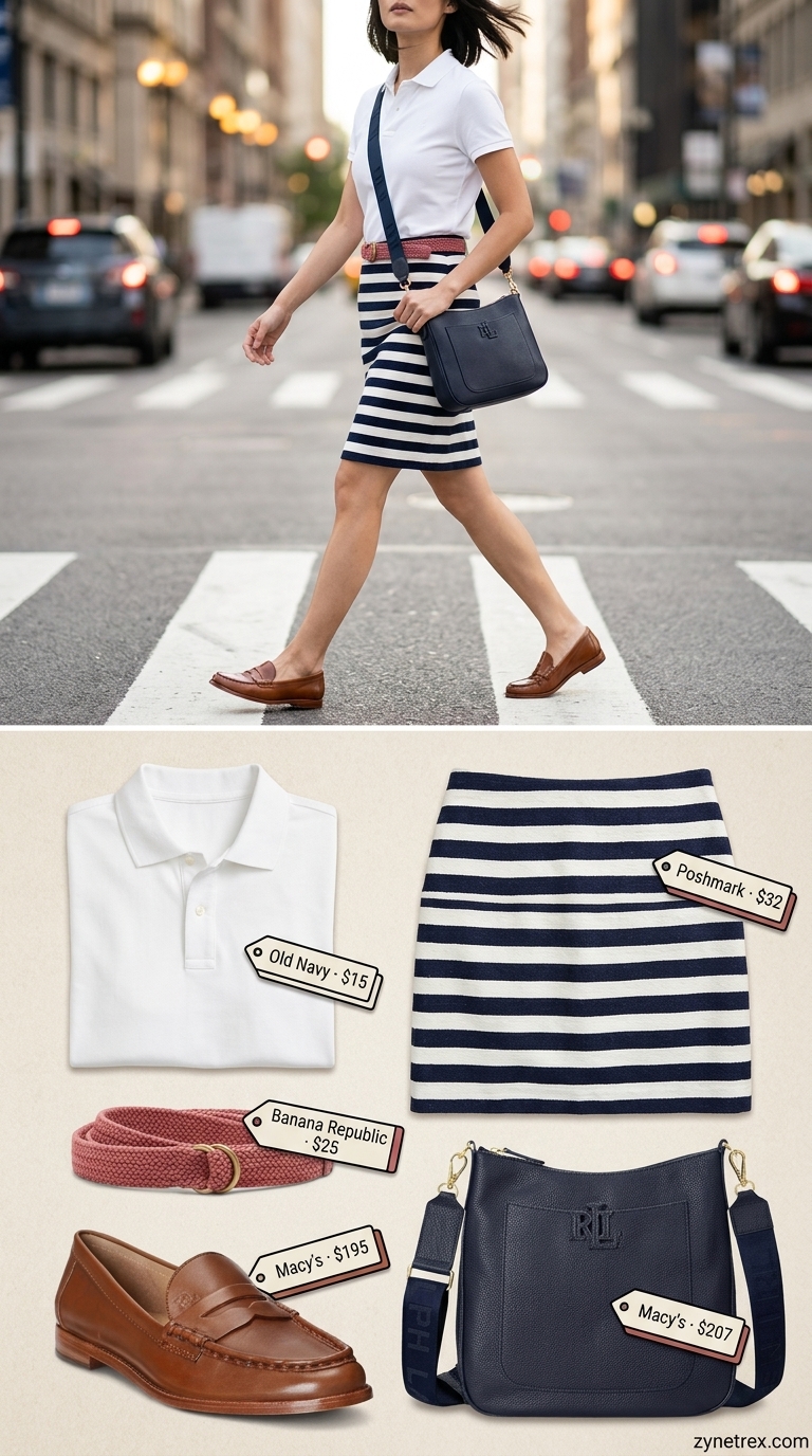 Cute Mini Skirt Outfits Summer 2026: Preppy Daydream Cute mini skirt outfit summer 2026: Navy stripe skirt, white polo shirt, and penny loafers for preppy style.