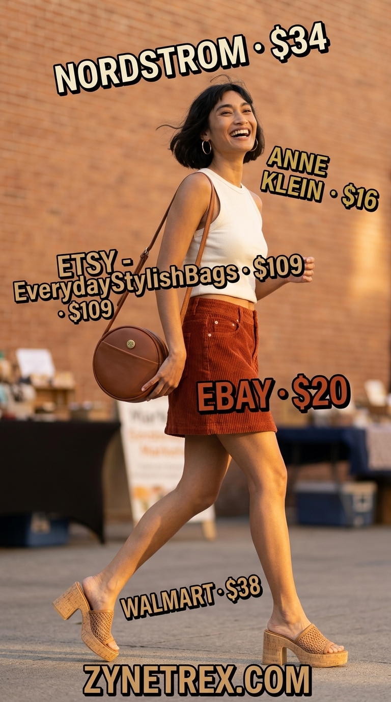 Cute Mini Skirt Outfits Summer 2026: Retro Summer Fun Cute mini skirt outfit summer 2026: Rust orange corduroy skirt, cream knit top, and platform sandals for retro fun.