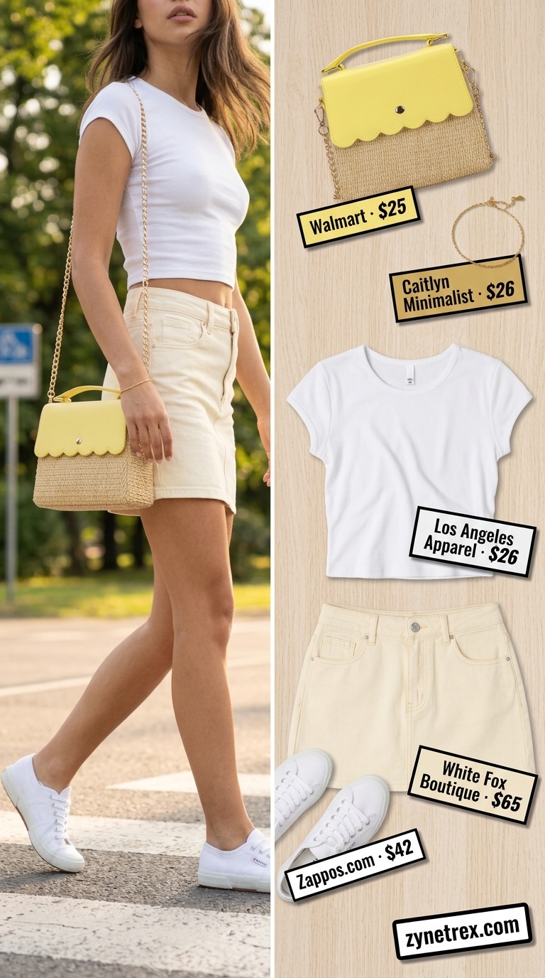 Cute Mini Skirt Outfits Summer 2026: Sunny Day Picnic Cute mini skirt outfit summer 2026: Yellow denim skirt, white crop top, and canvas sneakers for a sunny day picnic.