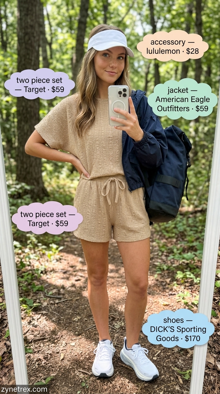 Cute summer camping outfits for women 2026: Beige shorts set, navy windbreaker, visor, canvas backpack, running shoes.