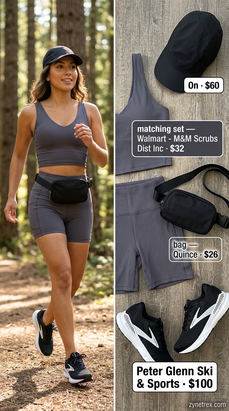 Cute summer camping outfits for women 2026: Charcoal grey biker shorts set, baseball cap, belt bag, running sneakers.