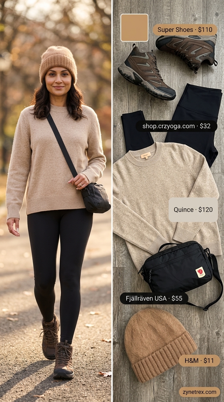 Cute summer camping outfits for women 2026: Oatmeal chunky sweater, black leggings, beanie & hiking boots for cozy campfire evenings.