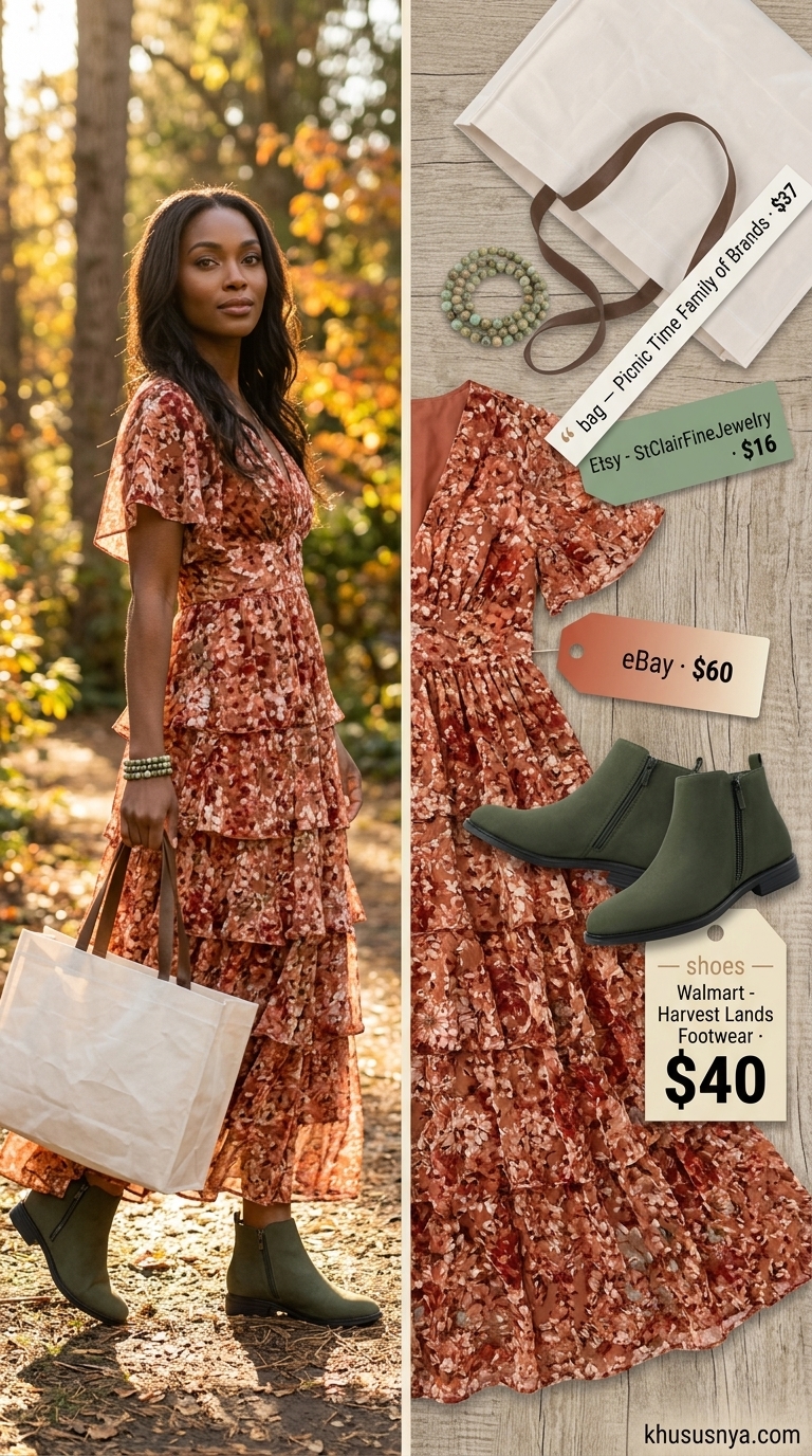 Cute summer camping outfits for women 2026: Terracotta floral maxi dress, suede boots & canvas tote for a bohemian camping trip.