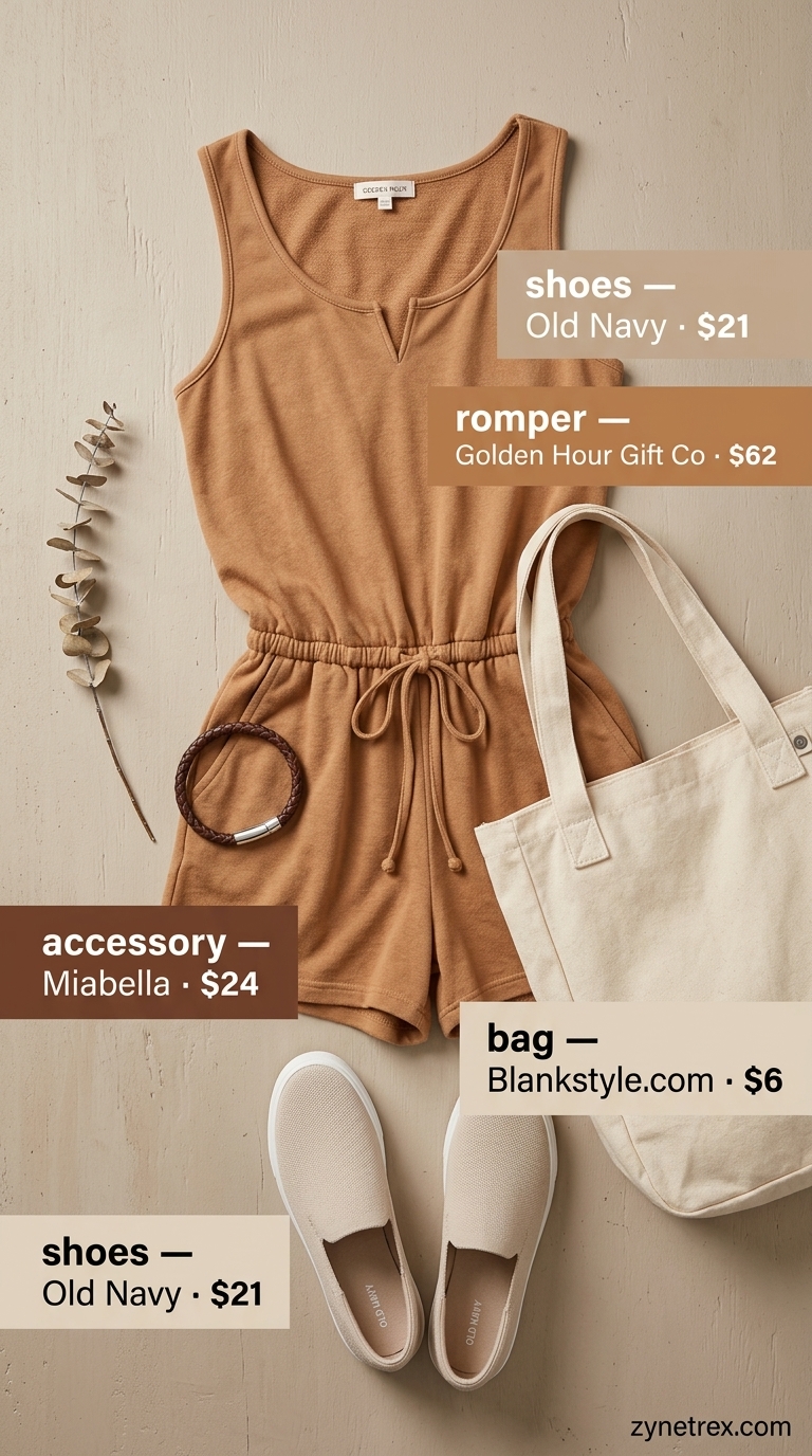 Cute summer camping outfits for women 2026: Taupe terry cloth romper, canvas sneakers & tote bag for cozy campfire lounging.