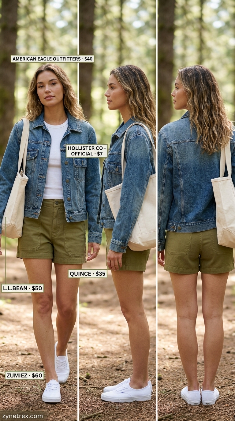 Cute summer camping outfits for women 2026: Denim jacket, white tee, olive shorts, canvas sneakers, canvas tote.