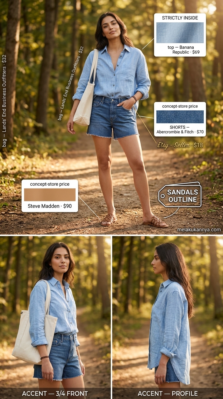 Cute summer camping outfits for women 2026: Denim shorts, oversized light blue linen shirt, white tank, tan sandals.