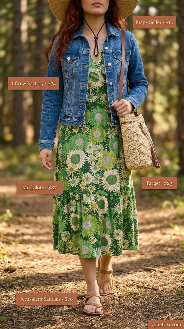 Cute summer camping outfits for women 2026: Forest green floral midi dress, denim jacket, straw hat & slides for daytime exploration.
