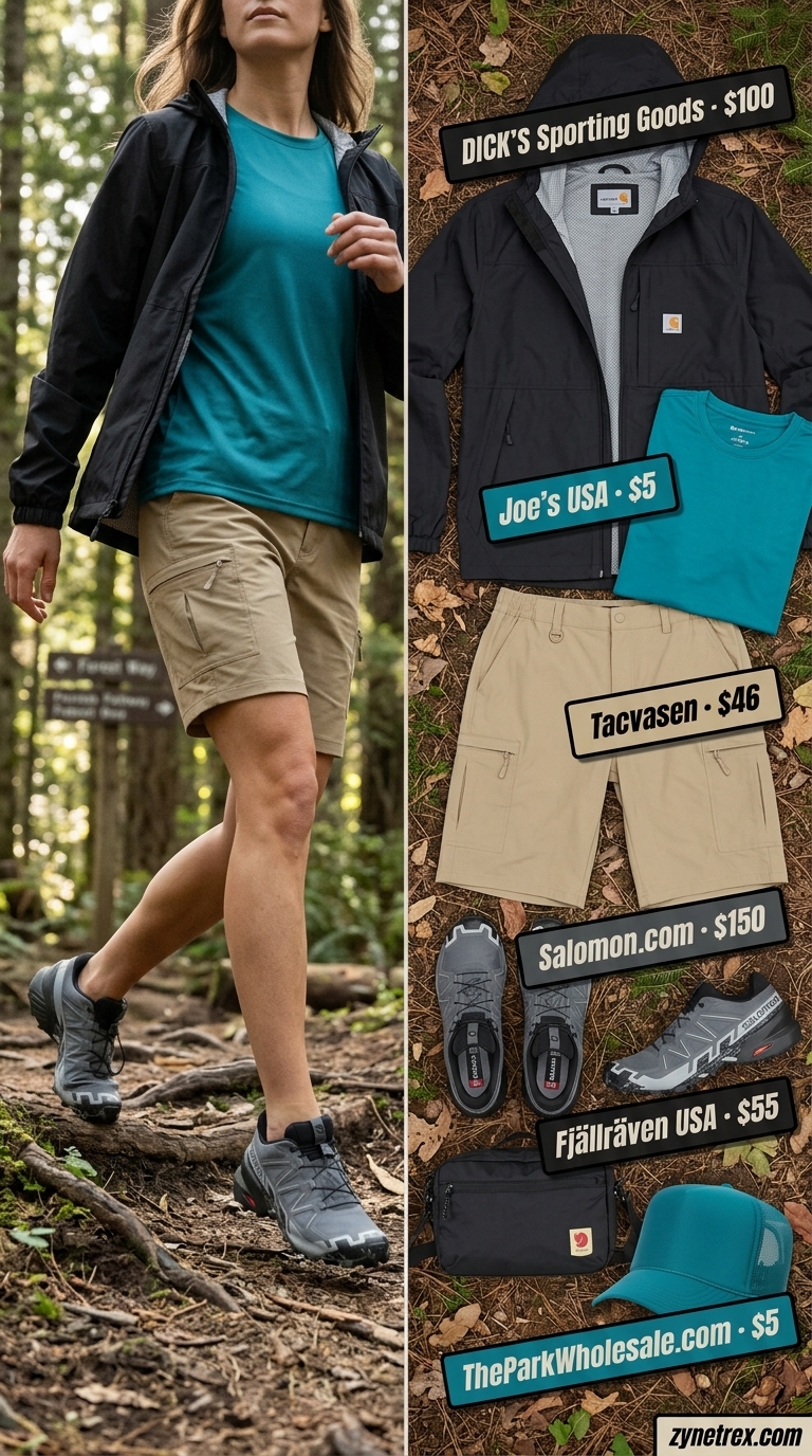 Cute summer camping outfits for women 2026: Teal jacket, khaki shorts, athletic tee, cap & trail running shoes for hiking.