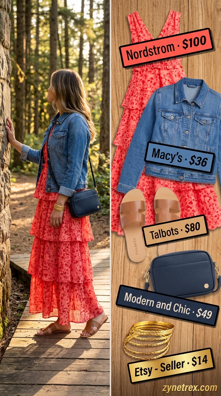 Cute summer camping outfits for women 2026: Glamping chic coral floral maxi dress, denim jacket, crossbody bag & slides for resort wear.