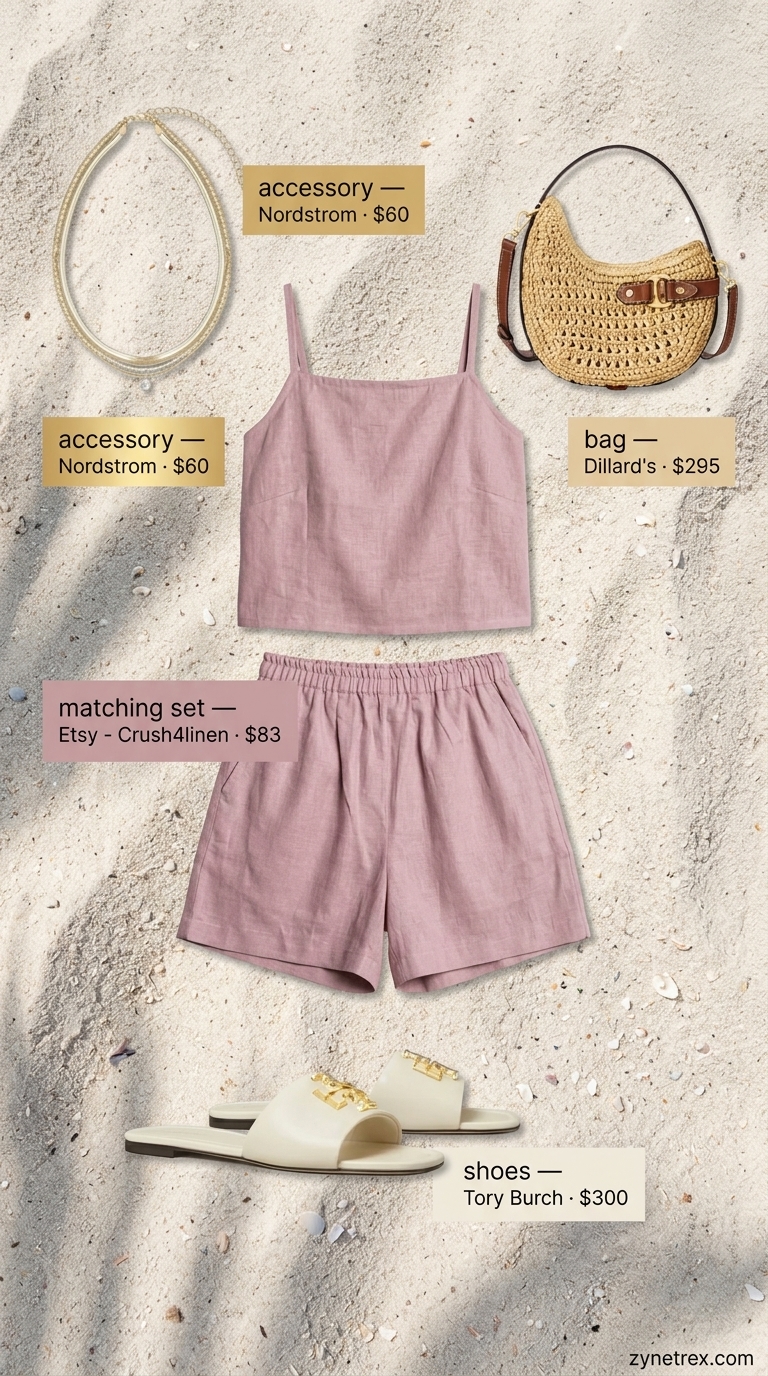 Cute summer camping outfits for women 2026: Dusty rose linen shorts set, straw crossbody, gold necklaces, leather sandals.