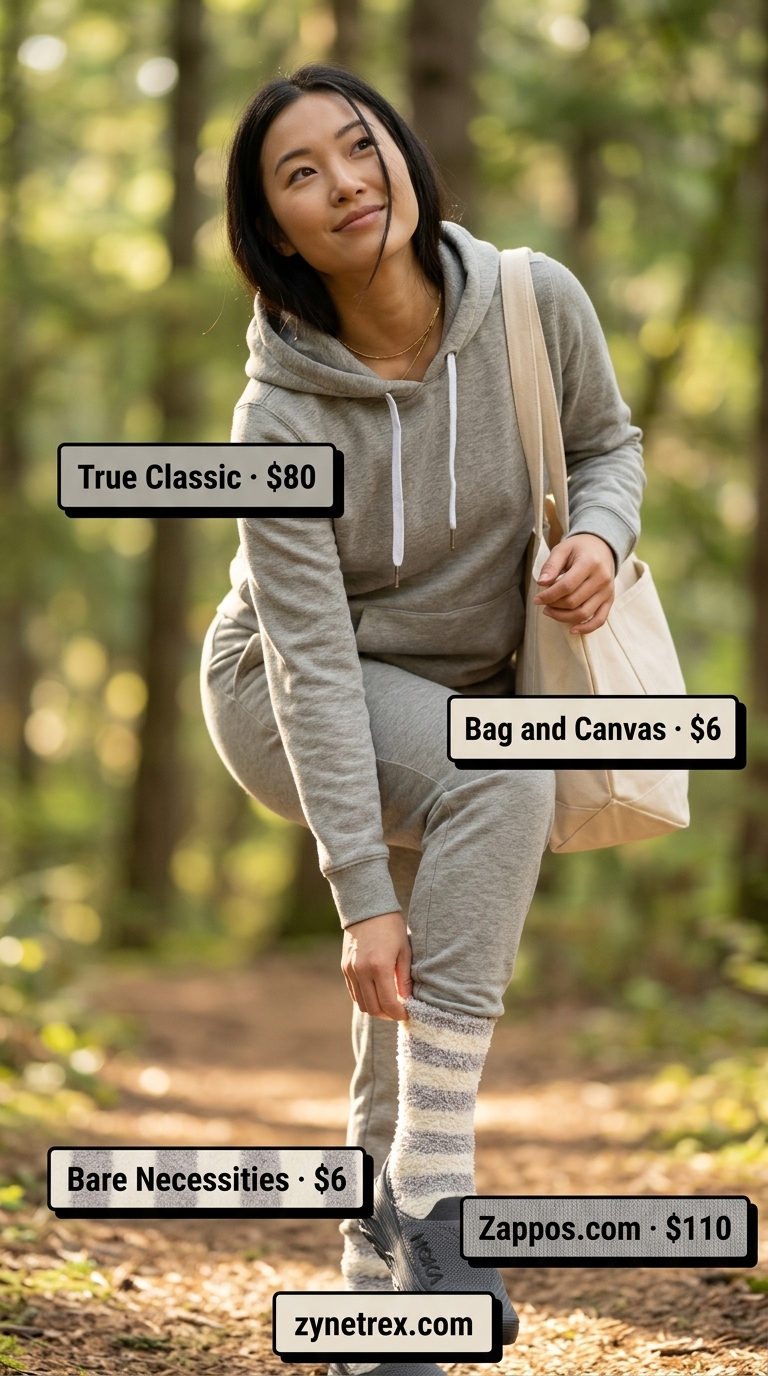 Cute summer camping outfits for women 2026: Grey fleece hoodie and jogger set, slip-on sneakers, canvas tote.