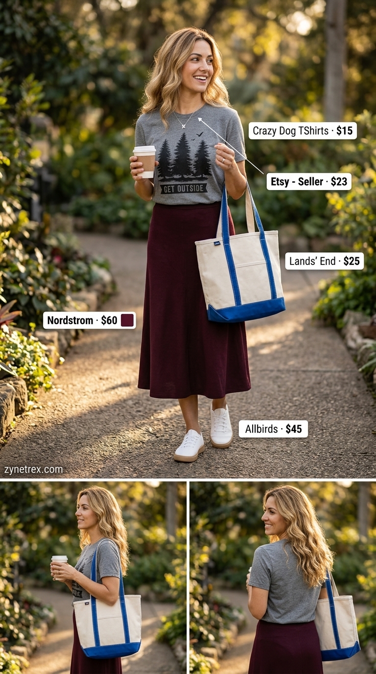 Cute summer camping outfits for women 2026: Burgundy midi skirt, grey graphic tee, canvas sneakers, canvas tote.