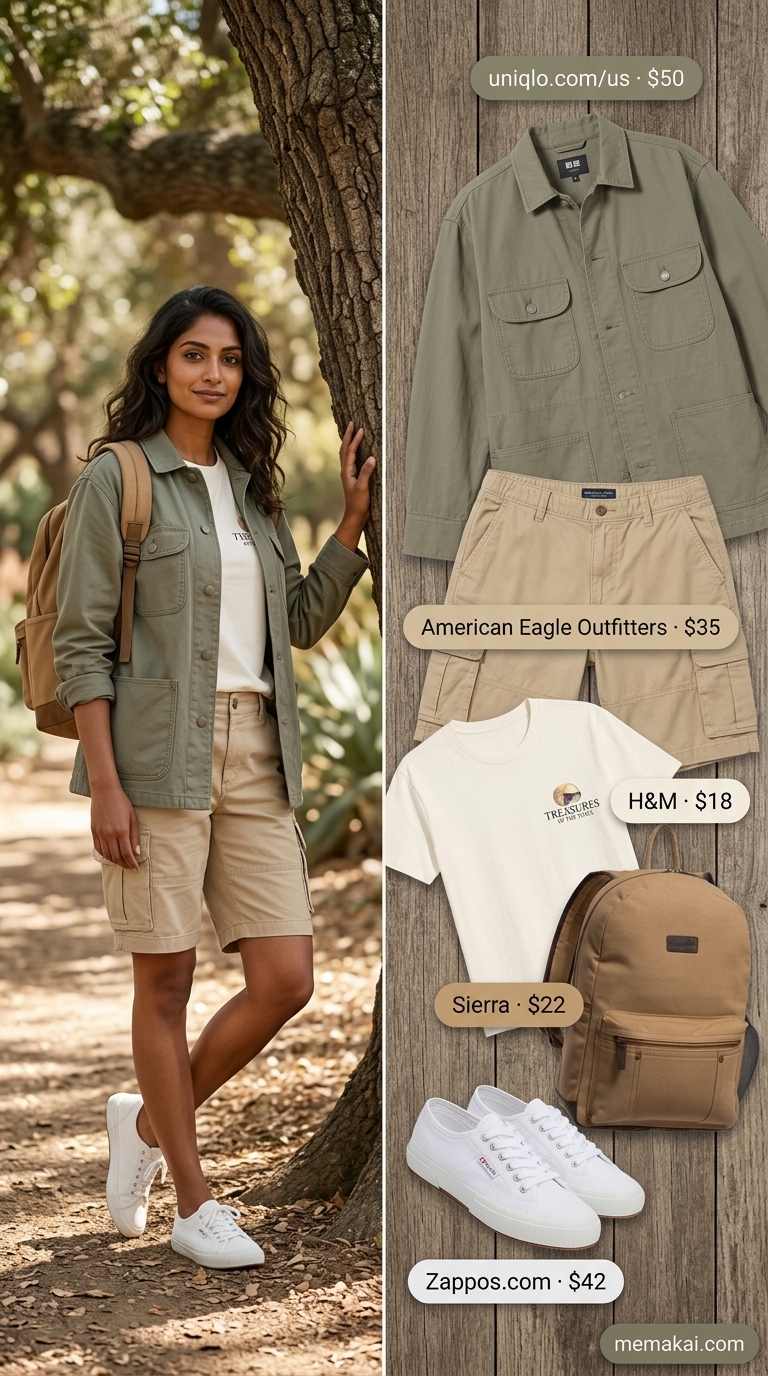 Cute summer camping outfits for women 2026: Sandy beige cargo shorts, white graphic tee, utility jacket & canvas backpack for campsite exploration.