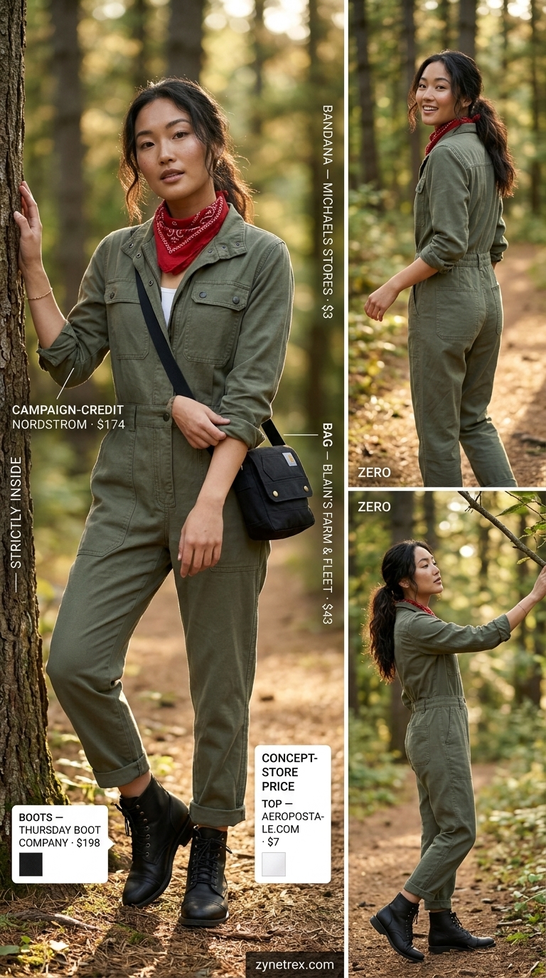 Cute summer camping outfits for women 2026: Khaki green utility jumpsuit, white tank, black boots, paisley bandana.