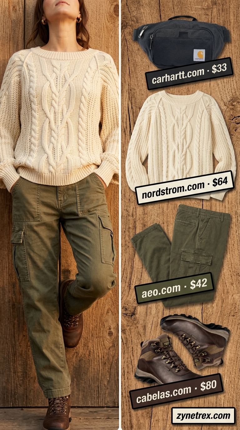 Cute summer camping outfits for women 2026: Cream cable knit sweater, olive cargo pants, black belt bag, beanie.