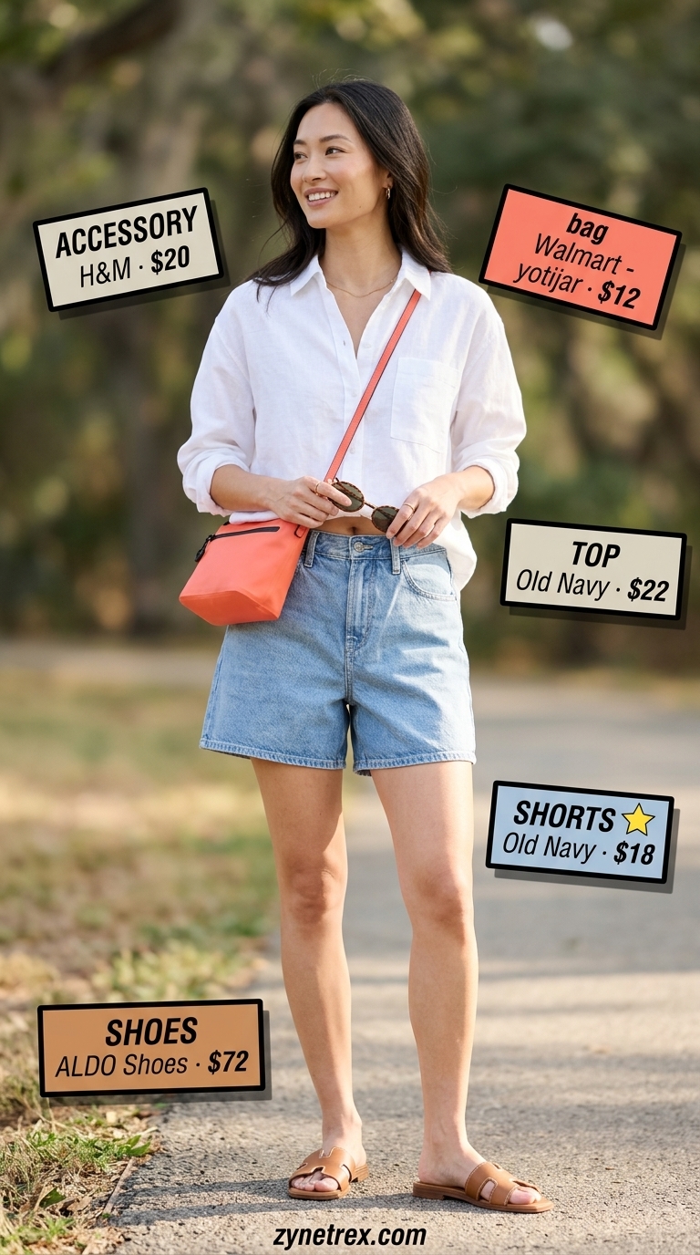 Cute summer camping outfits for women 2026: Denim shorts, oversized white linen shirt, coral bag, slide sandals.
