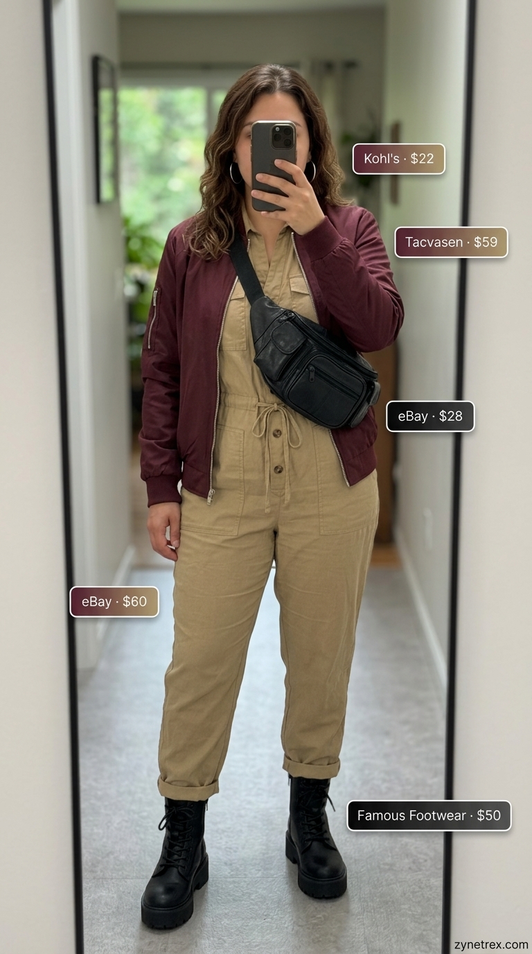 Cute summer camping outfits for women 2026: Khaki utility jumpsuit, bomber jacket, combat boots, belt bag.