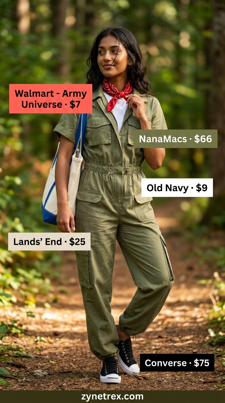 Cute summer camping outfits for women 2026: Khaki utility jumpsuit, white tee, black sneakers, and bandana.