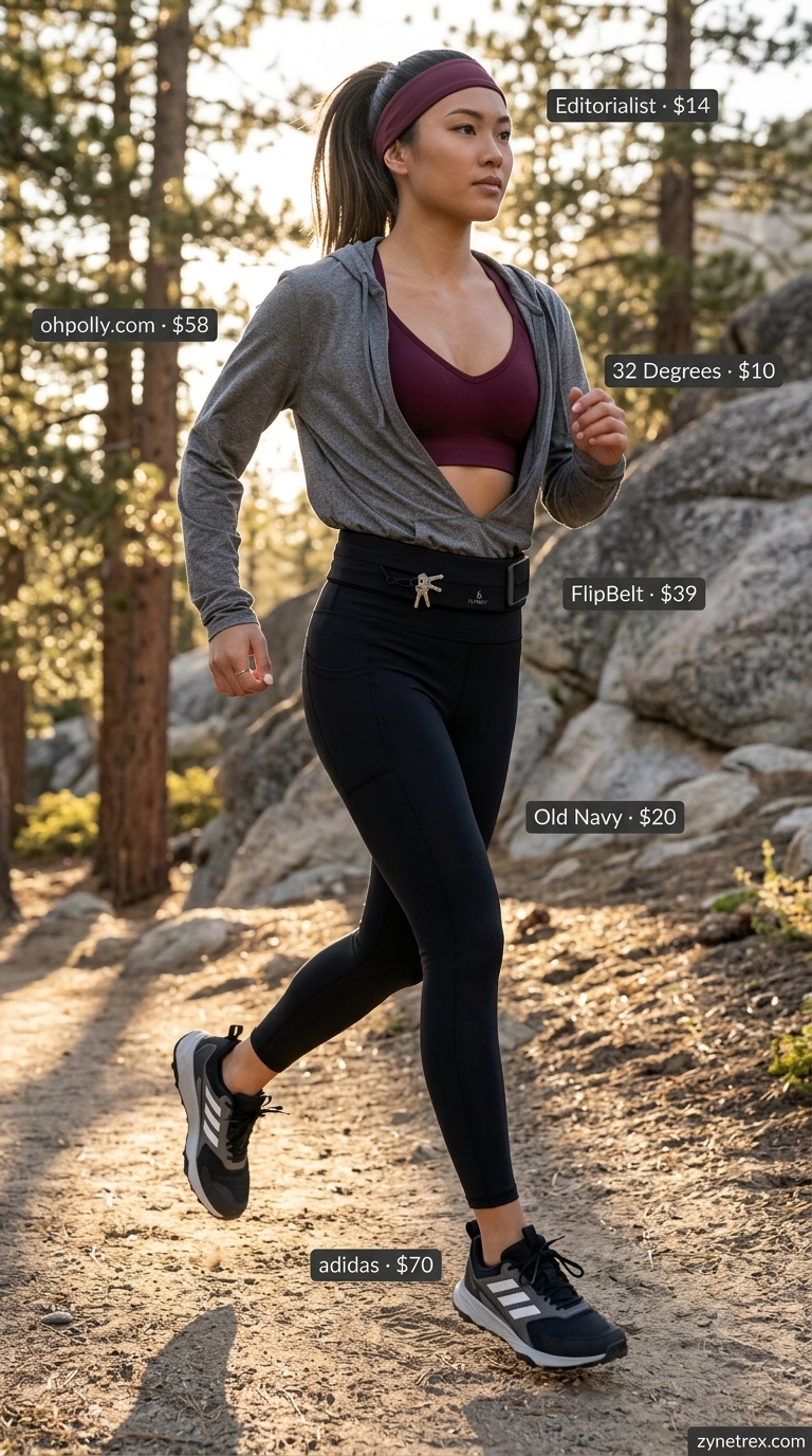 Cute summer camping outfits for women 2026: Performance leggings, sports bra, hoodie, running belt, trail shoes.