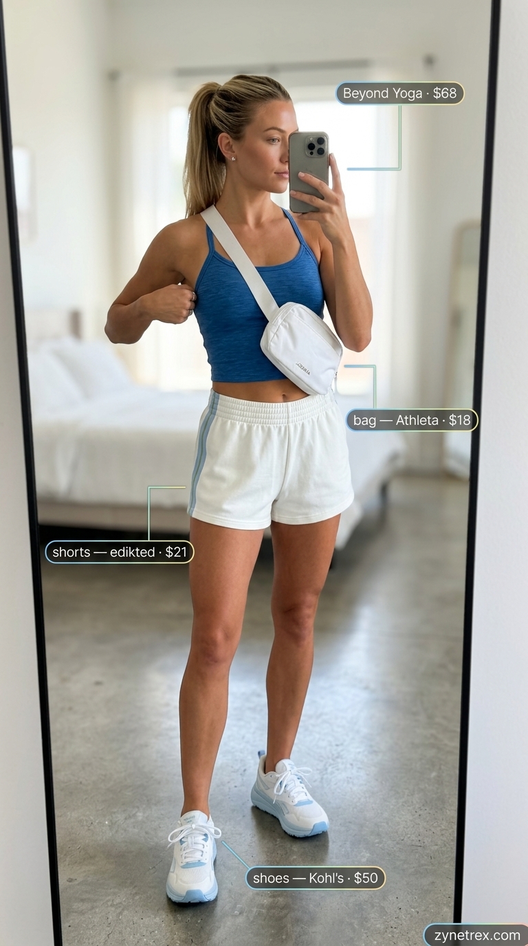 Cute Summer Crop Top Outfits 2026: Active Day Cute summer crop top outfits 2026: Ocean blue athletic crop top with white track shorts for active days.