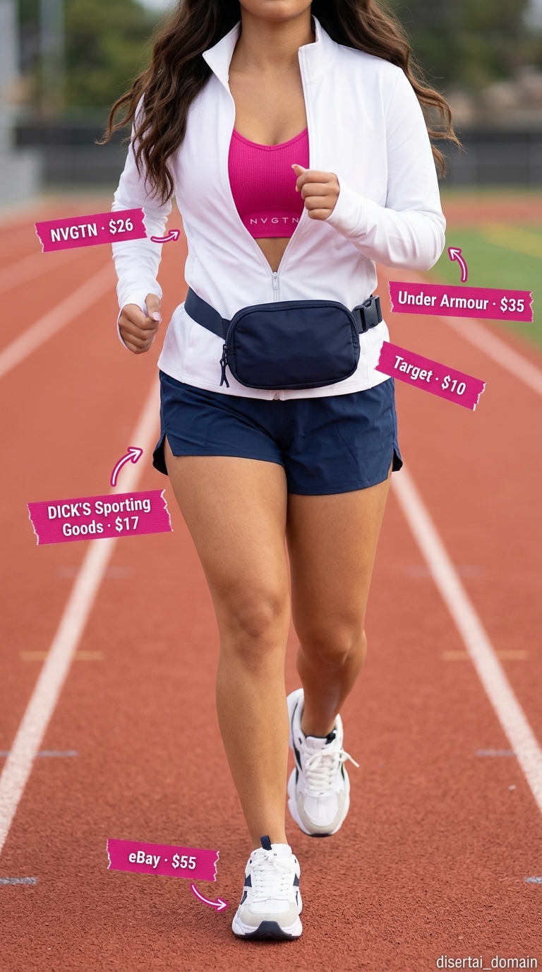 Athleisure Chic Day Outfit 2026 Athleisure outfit 2026: fuchsia crop top, navy shorts, track jacket, athletic sneakers.