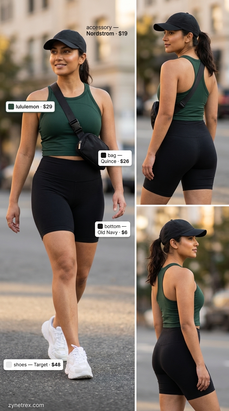 Athleisure Queen On The Go Outfit 2026 Activewear outfit 2026: green crop tank, biker shorts, chunky sneakers, baseball cap.