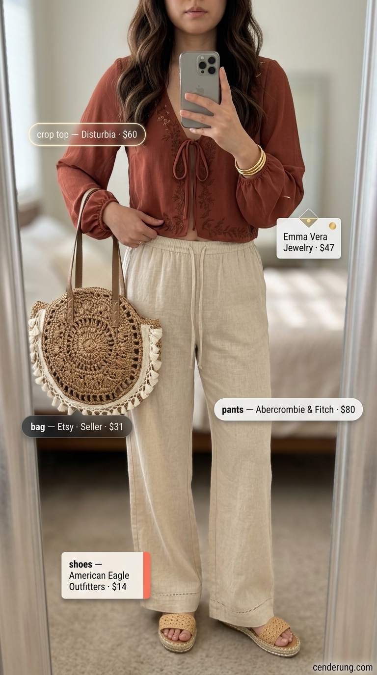 Boho Beach Sunset Outfit 2026 Boho beach outfit 2026: embroidered crop top, linen pants, straw bag, gold jewelry.