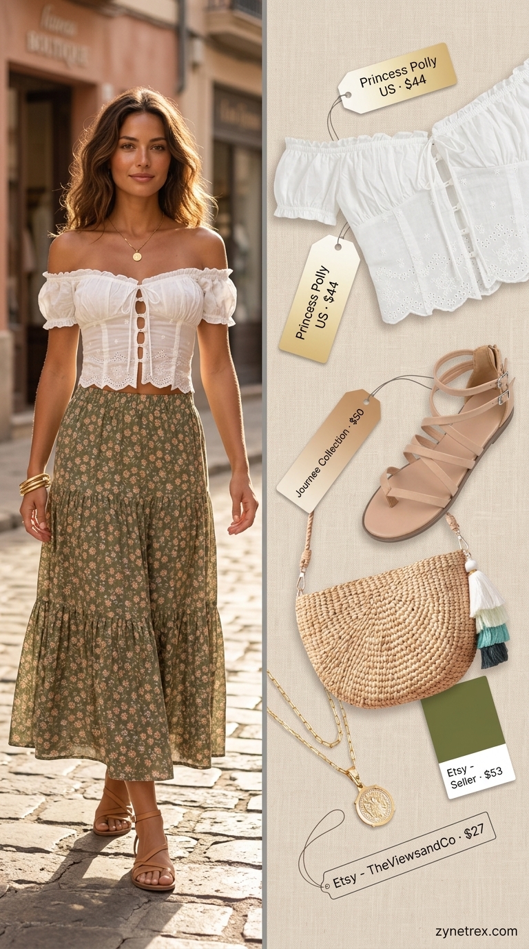 Cute Summer Crop Top Outfits 2026: Boho Wanderer Cute summer crop top outfits 2026: Ivory embroidered crop top with olive green maxi skirt for boho vibes.