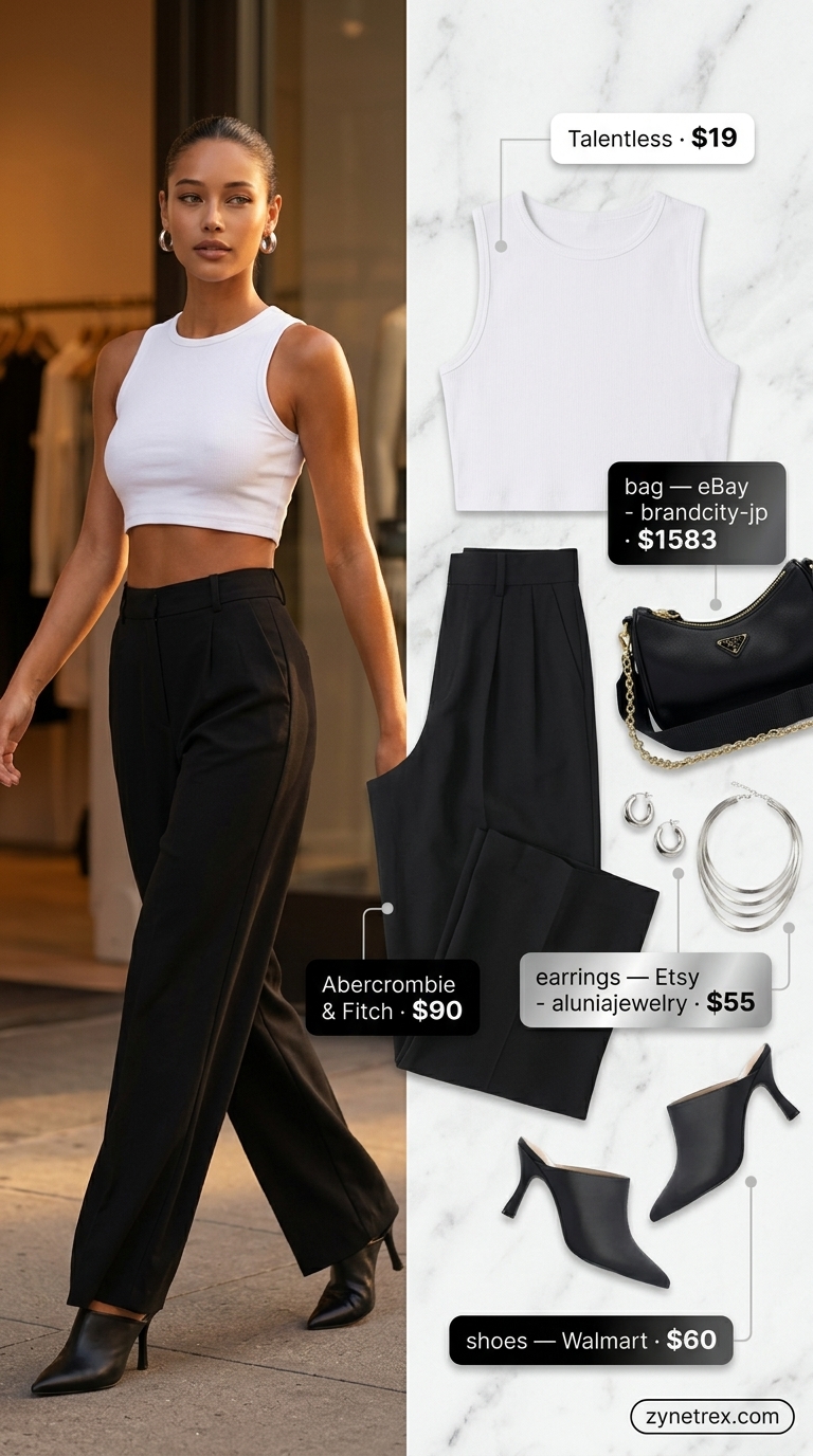 Cute Summer Crop Top Outfits 2026: City Brunch Cute summer crop top outfits 2026: Cream ribbed crop tank with black wide-leg trousers for city brunch.