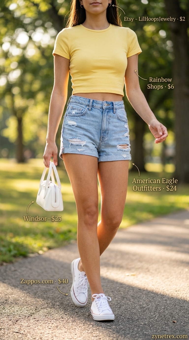 Cute Summer Crop Top Outfits 2026: City Explorer Cute summer crop top outfits 2026: Sunny yellow fitted crop top with distressed denim shorts for city exploration.