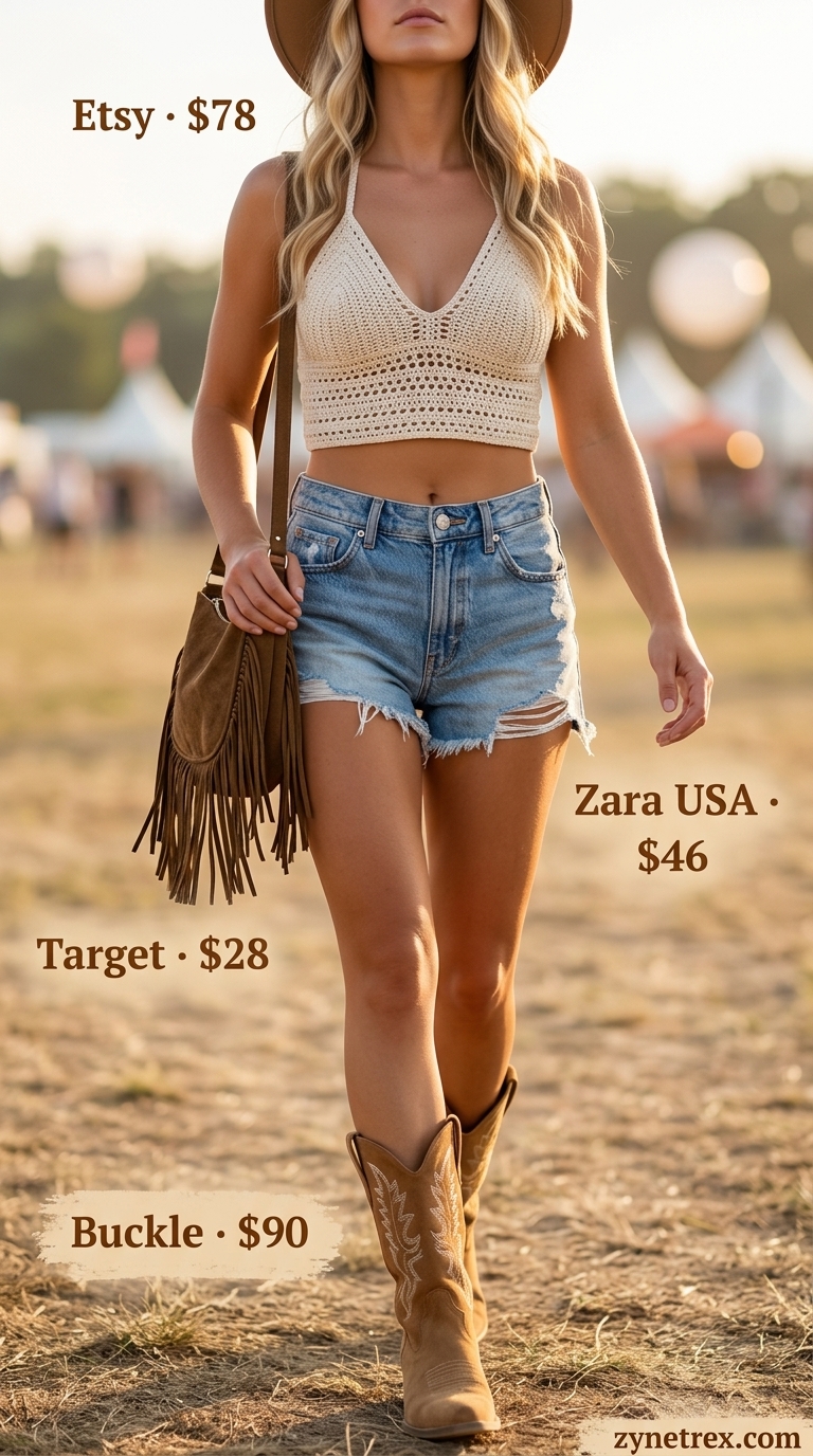 Cute Summer Crop Top Outfits 2026: Festival Bohemian Flair Cute summer crop top outfits 2026: Ecru crochet crop top with denim shorts for festival style.