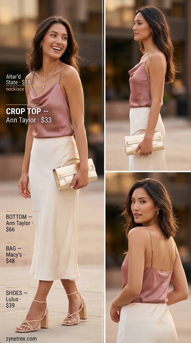 Cute Summer Crop Top Outfits 2026: Date Night Cute summer crop top outfits 2026: Blush pink satin crop top with a cream midi slip skirt for date night.