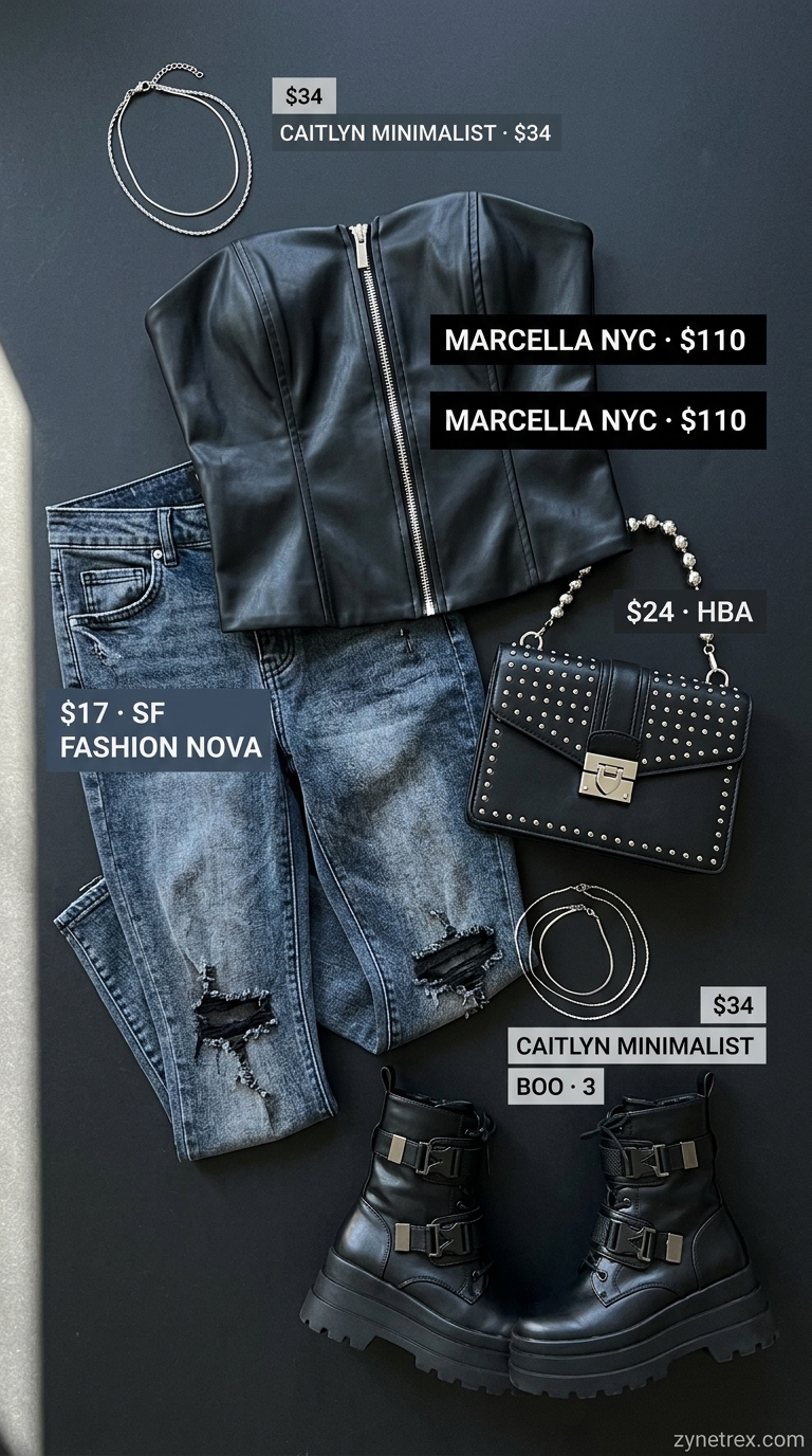 Edgy Concert Outfit 2026 Edgy concert outfit 2026: black strapless crop top, distressed jeans, combat boots, silver chains.