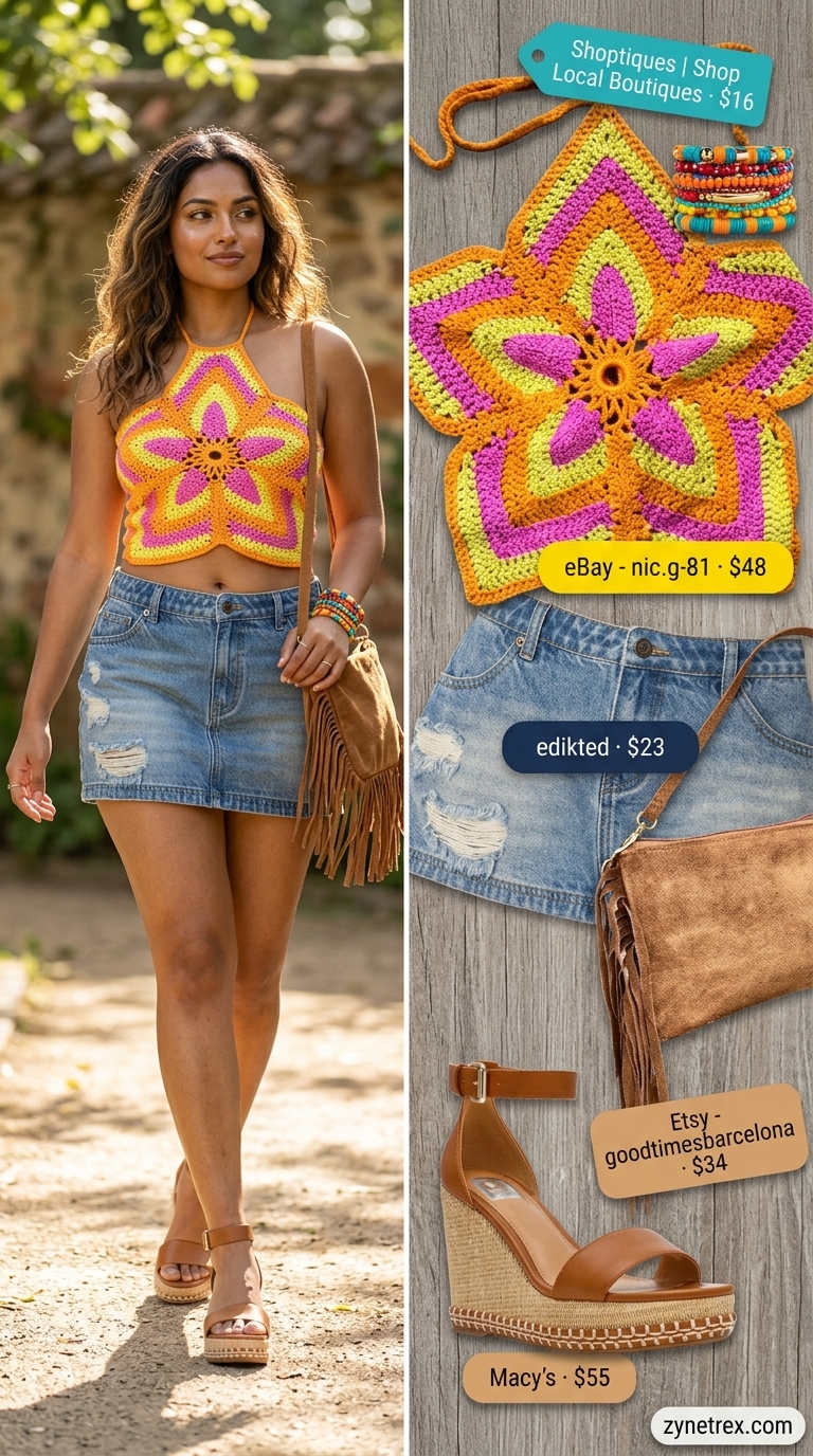 Festival Free Spirit Outfit 2026 Festival outfit 2026: crochet crop top, denim mini skirt, platform sandals, beaded jewelry.