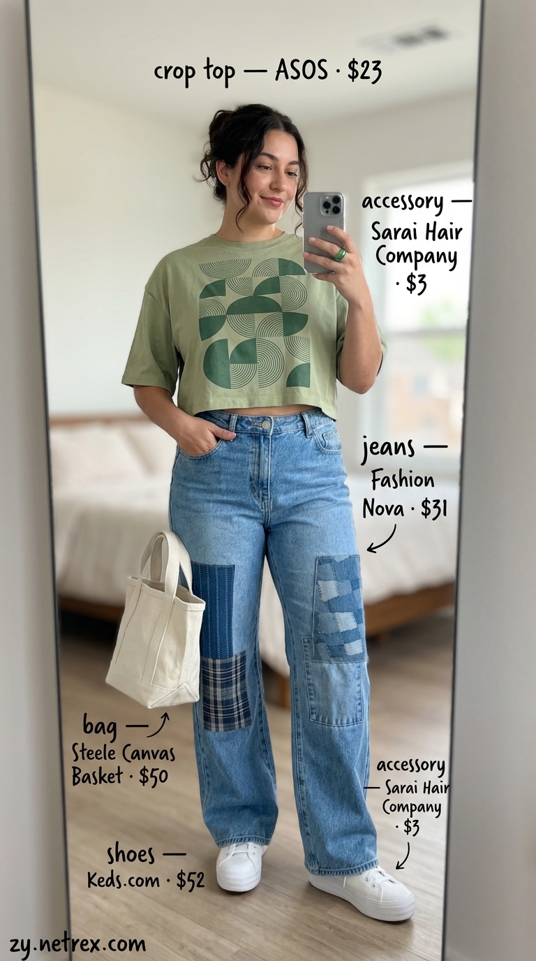 Cute Summer Crop Top Outfits 2026: Gallery Look Cute summer crop top outfits 2026: Mint green graphic crop tee with patchwork denim for an art gallery visit.