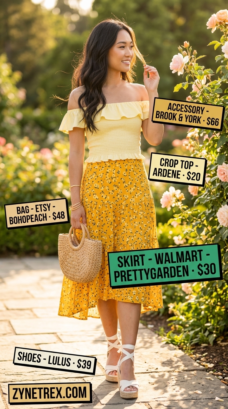 Whimsical Garden Party Outfit 2026 Garden party outfit 2026: yellow crop top, floral midi skirt, espadrilles, straw bag.