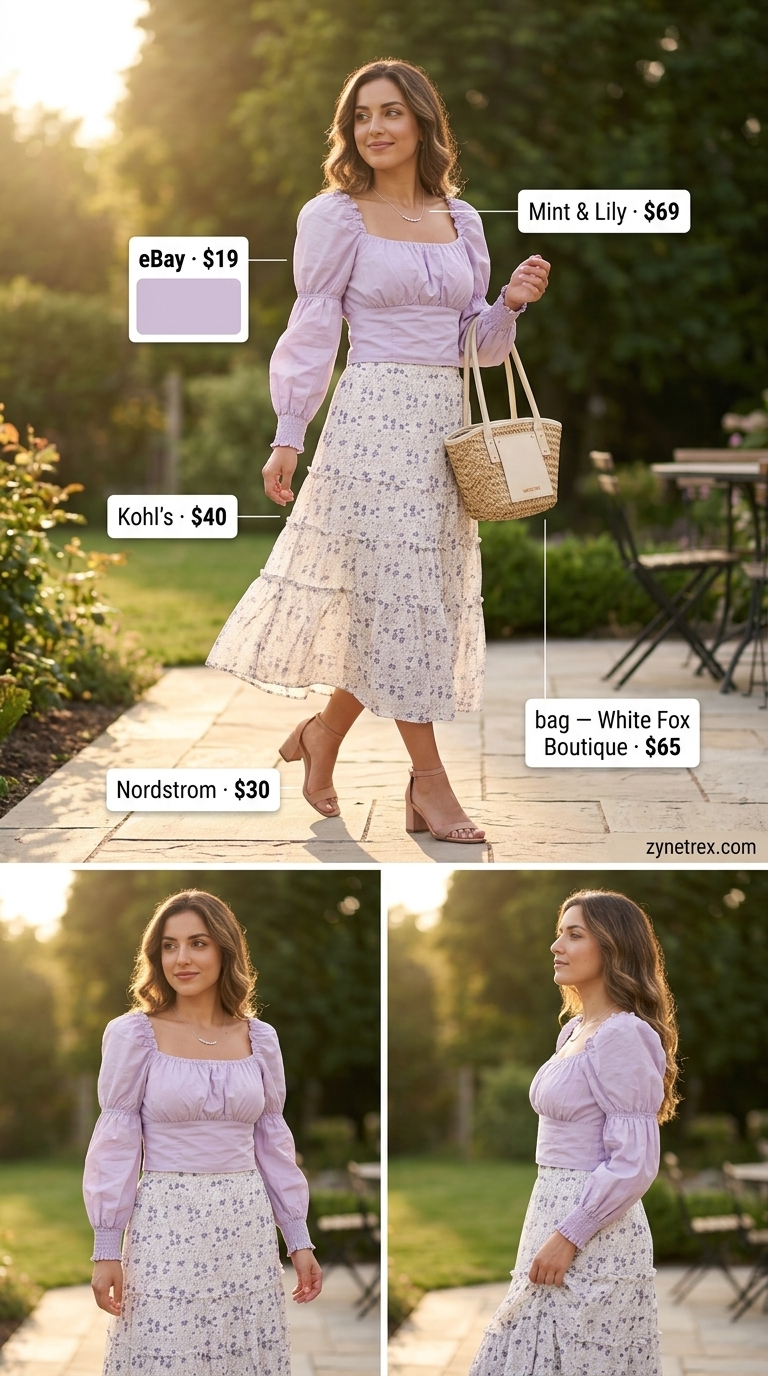 Cute Summer Crop Top Outfits 2026: Garden Party Elegance Cute summer crop top outfits 2026: Lavender puff sleeve crop top with floral midi skirt for garden party.