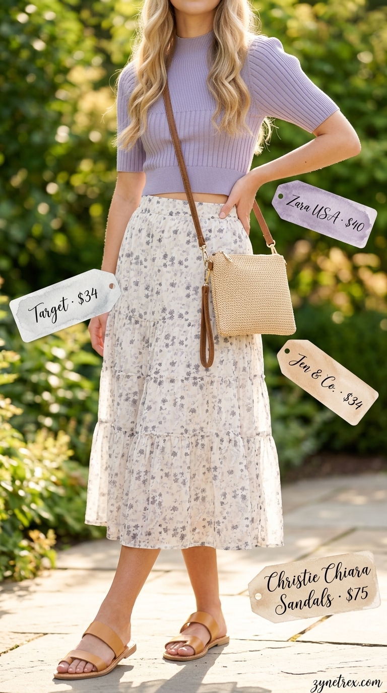 Cute Summer Crop Top Outfits 2026: Lavender Brunch Style Cute summer crop top outfits 2026: Lilac ribbed tank crop top with floral midi skirt for brunch.