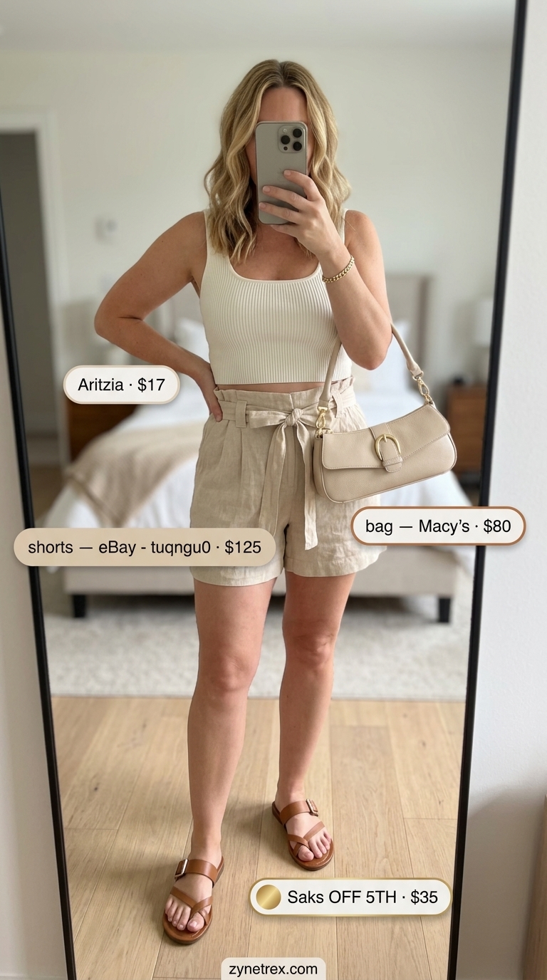 Cute Summer Crop Top Outfits 2026: Lunch Chic Cute summer crop top outfits 2026: Creamy white fitted crop tank with tailored paperbag shorts for lunch.