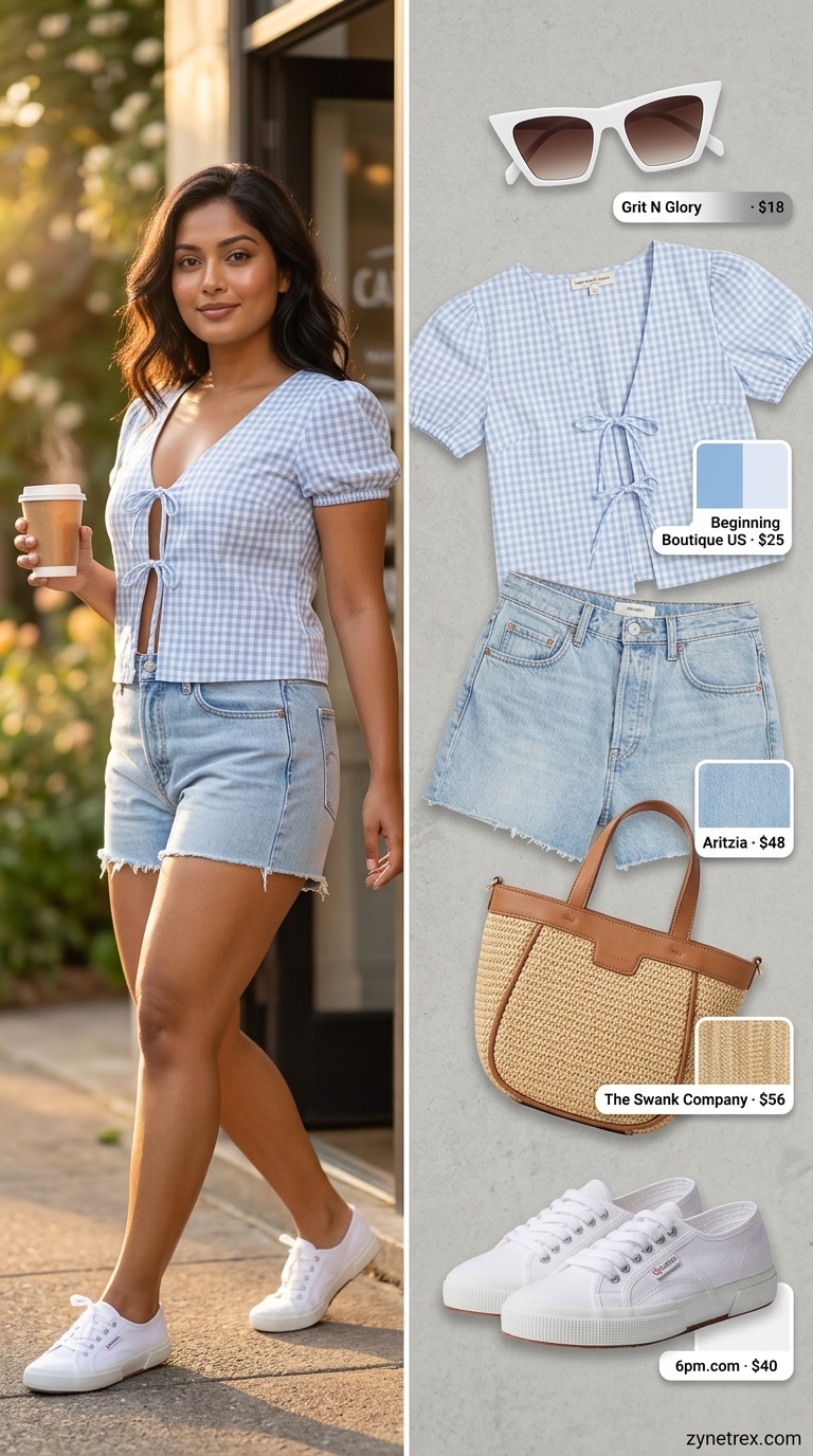 Cute Summer Crop Top Outfits 2026: Picnic Style Cute summer crop top outfits 2026: Blue gingham tie-front crop top with denim shorts for a picnic.