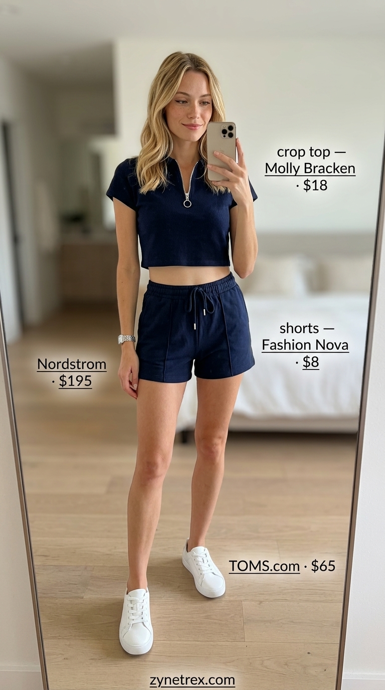 Cute Summer Crop Top Outfits 2026: Preppy Club Cute summer crop top outfits 2026: Navy collared polo crop top with white tennis skirt for preppy style.