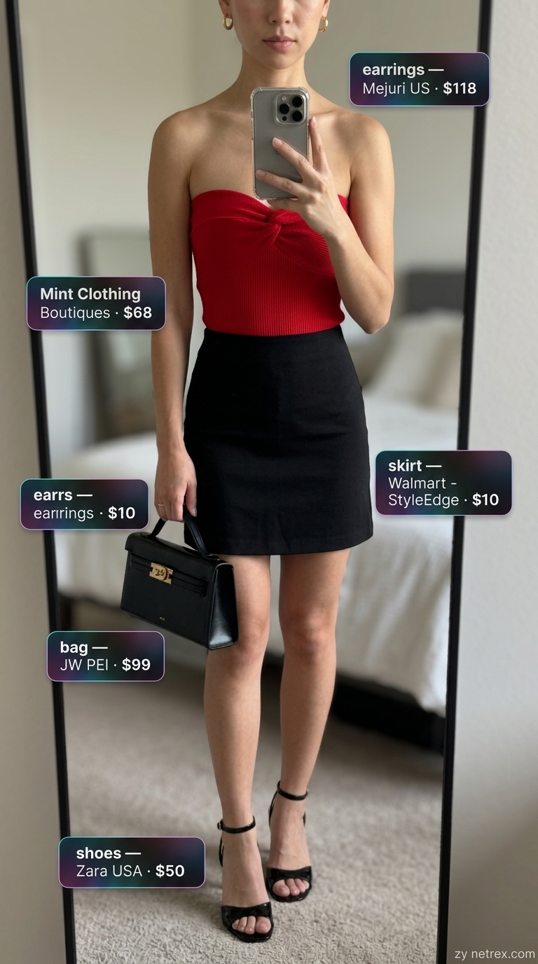 Cute Summer Crop Top Outfits 2026: Retro Date Night Glam Cute summer crop top outfits 2026: Red bandeau crop top with black mini skirt for a retro date night.