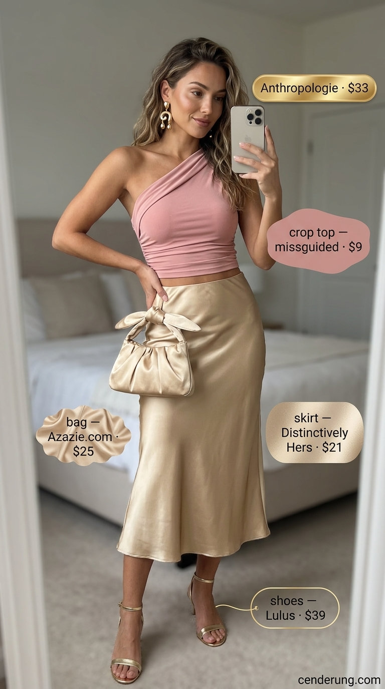 Golden Hour Resort Dinner Outfit 2026 Resort dinner outfit 2026: coral crop top, satin midi skirt, kitten heels, clutch.