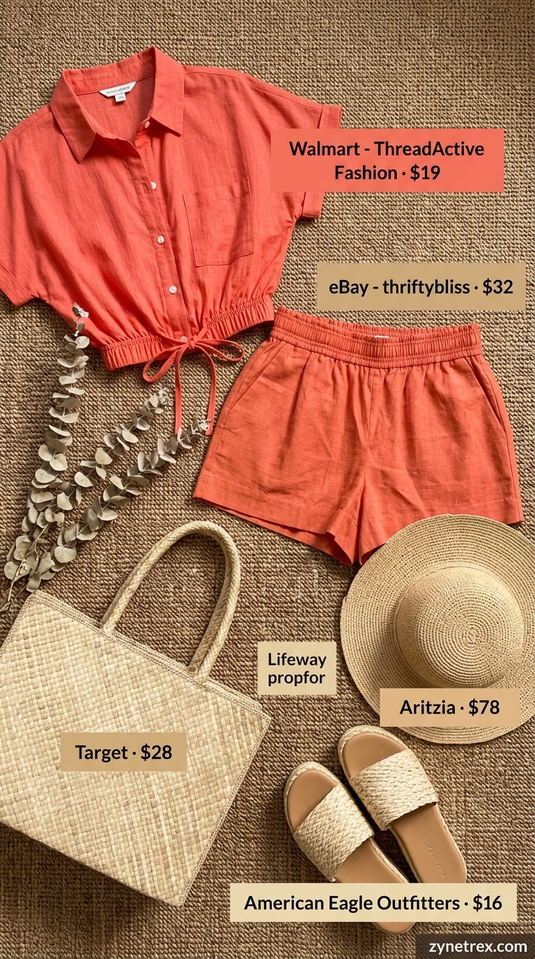 Tropical Resort Ready Outfit 2026 Resort wear outfit 2026: coral crop top, linen shorts, straw hat, beach tote.