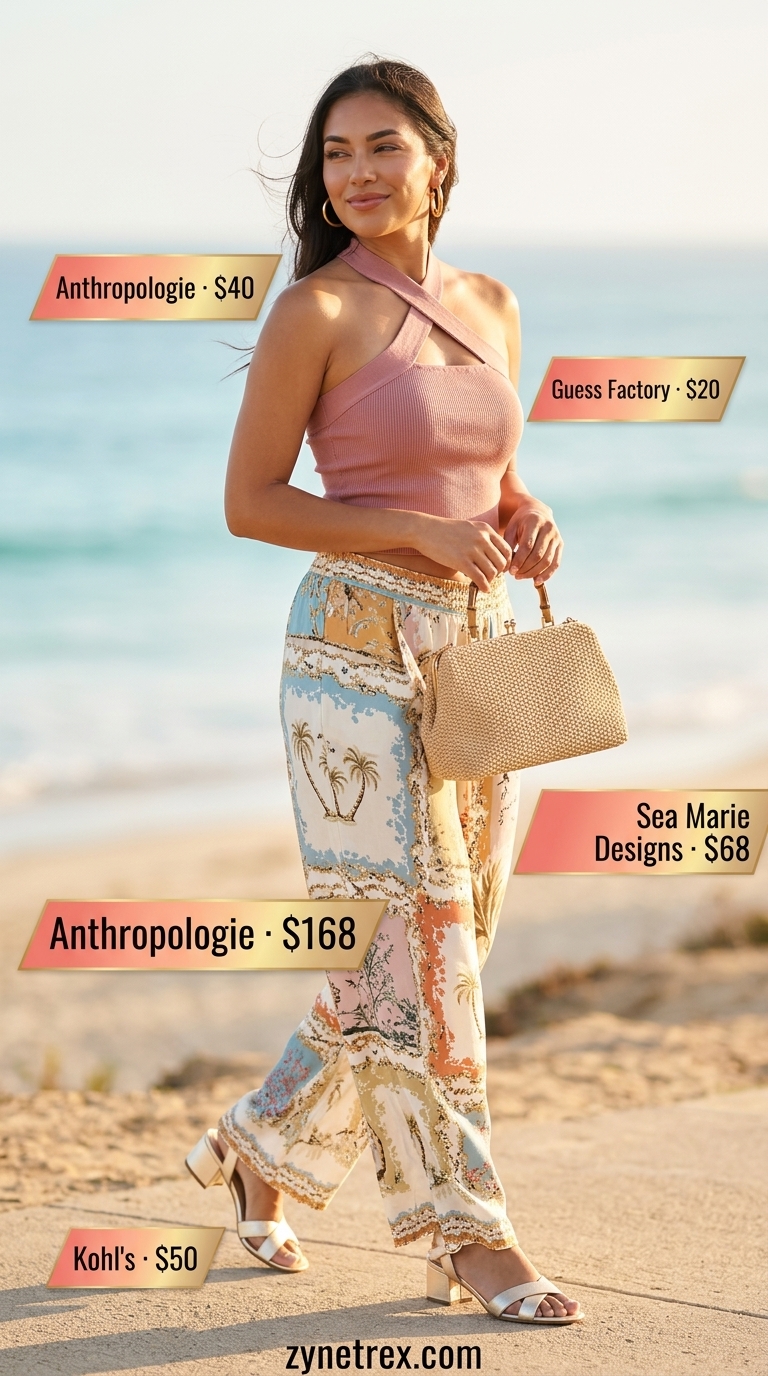 Cute summer crop top outfits 2026: Coral halter top with tropical print palazzo pants for a resort dinner.